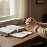 Personne priant près d’une fenêtre avec Bible ouverte et carnet