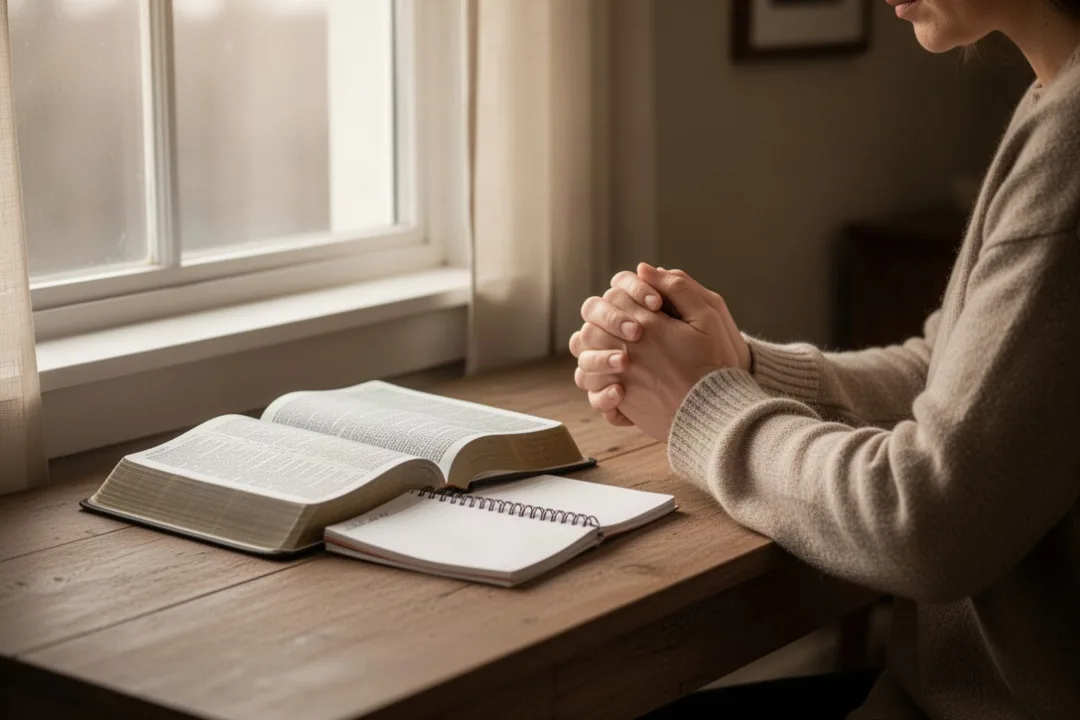 Personne priant près d’une fenêtre avec Bible ouverte et carnet